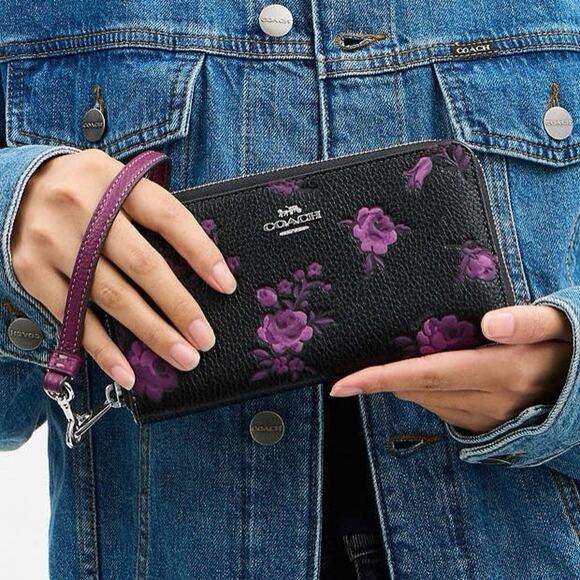NWT Coach Long Zip Around Wallet With Floral Print CCL36 Black/Purple - Picture 10 of 10